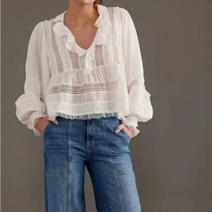 Anthropologie White Ruffled Blouse